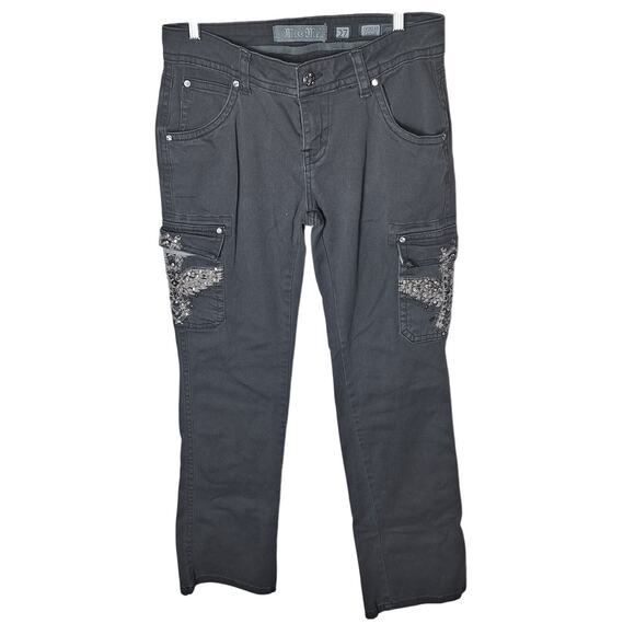 Miss Me Women 27 Dusty Olive Gray Embroidered Cargo Pocket Straight Leg Pants - Picture 1 of 6